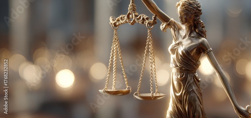 The image shows the Statue of Justice holding scales, symbolizing legal equity and fair judgment.
