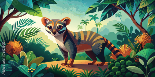 A beautiful cute civet cat standing in a lush green jungle environment in detail vector illustration