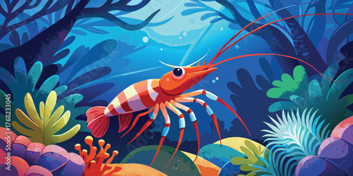A colorful shrimp swimming in a vibrant underwater coral reef environment