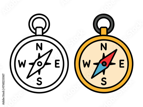 Round navigation compass with directional letters and needle, shown in outline and colored versions, perfect for travel, adventure, or map-themed coloring pages.