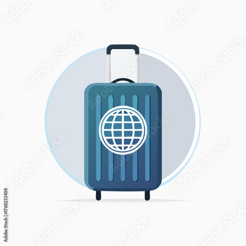 Blue Suitcase with Globe Icon for Travel and Tourism.