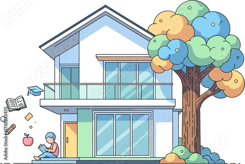 Cozy Home Environment Fostering Education and Personal Growth with a Large Tree and Study Elements