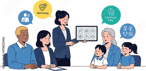 Professional insurance agent presenting a family healthcare and well-being plan on a digital tablet during a consultation meeting