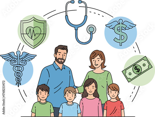 Conceptual illustration of a family protected by comprehensive health insurance, covering medical costs and ensuring financial security