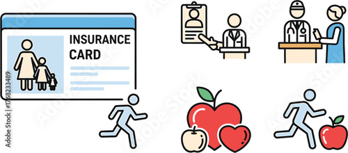 Healthcare Insurance and Medical Services Icons Representing Health and Wellness
