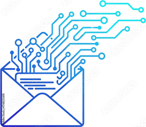 Digital communication and technology, represented by an open envelope with electronic circuit board lines flowing out