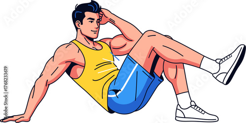 Vector illustration of a muscular athletic man in sportswear performing abdominal crunches, a core exercise for fitness and bodybuilding