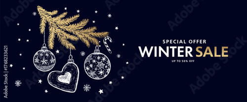 Winter sale, Christmas tree and star set on black, Hand drawn illustration.	
