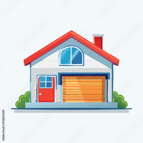 Cartoon House with Garage and Red Roof Illustration.