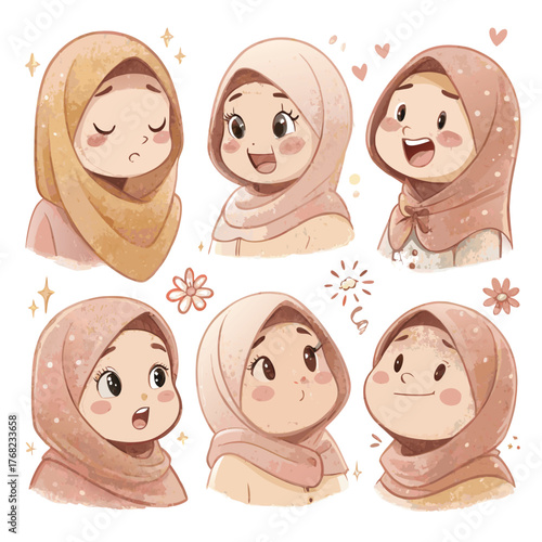 Adorable hijabi's face cartoon character in different expressions in pastel tone vector illustration