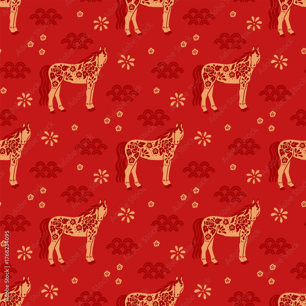 Obraz premium Seamless pattern for Chinese New Year, Year of the Horse. Oriental design with stylized horse, clouds, flowers, fireworks. Asian holiday background of festive animal, zodiac symbol