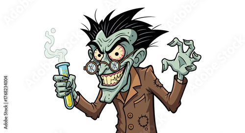Mad scientist concoction with crazed eyes, potion, and spooky gesture cartoon illustration