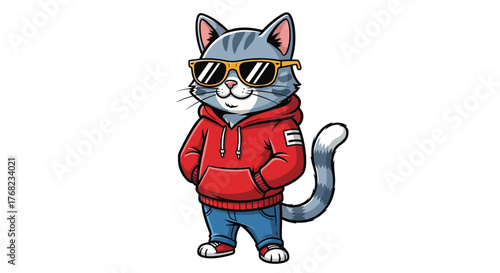 Stylized cartoon cat with sunglasses and streetwear outfit isolated on white background