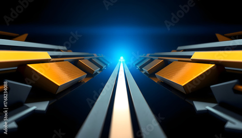 An abstract background of arrows embodies the speed and motion of yellow taxis on a night highway, mirroring a creative idea symbol for fast travel