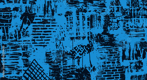 Vibrant grunge textured background with abstract elements and blue color palette