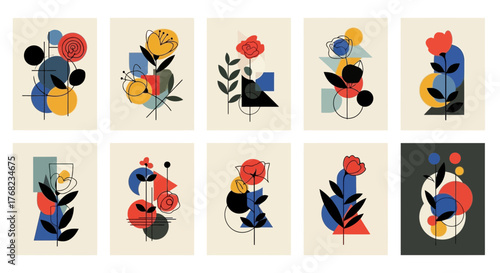Set of contemporary art prints with flowers and geometric shapes arrangements