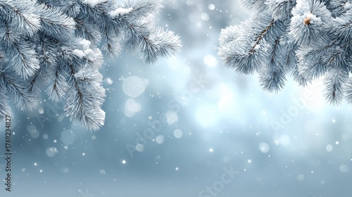 A beautiful winter scene with frost-covered pine branches and a blurred background of snowflakes.