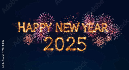 Sparkling New Year 2025 Celebration with Fireworks Against a Dark Blue Sky