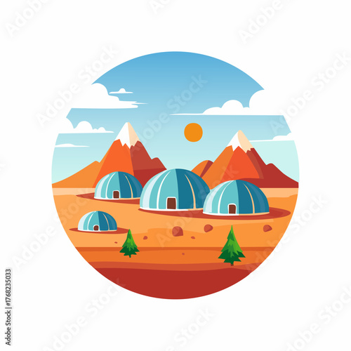 Futuristic Dome Colony on Alien Planet Landscape.