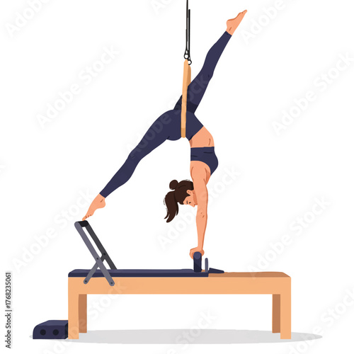 Strong female practitioner performs an inverted Pilates stretch while suspended from the Cadillac table trapeze bar, showcasing focus and balance in a clean 2D flat vector illustration.