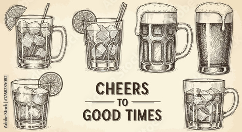 Elegant sketched cocktail and beer glasses with cheers to good times message