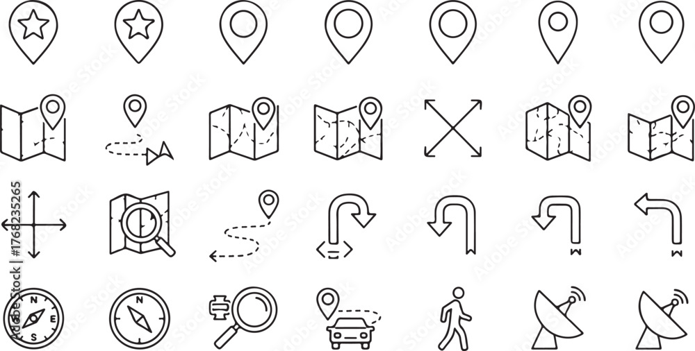 Naklejka premium Black Line Art Navigation and Location Icon Set on White Background