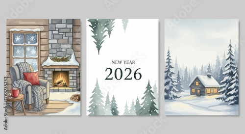 Watercolor winter wonderland: cozy home interior, festive new year 2026 card and snow landscape