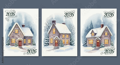 Watercolor Christmas Houses Covered in Snow for the Year 2026 Festive Designs