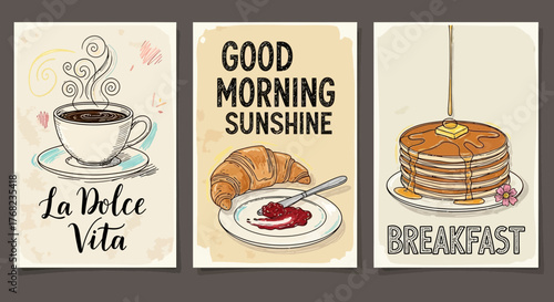 Charming Illustrated Breakfast Posters Featuring Coffee Croissant and Pancakes Set