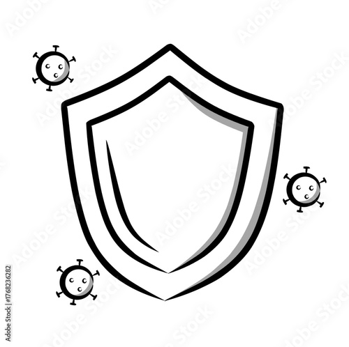 Sketch illustration of a protective shield surrounded by virus particles, drawn in a hand-drawn outline style with minimal shading, symbolizing health defense, safety, and protection from infection 