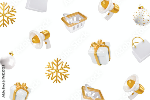 Merry Christmas and Happy New Year white gift boxes falling. Background with realistic festive gold snowflakes, xmas balls. Xmas present. Holiday discount banner, web poster, flyer,