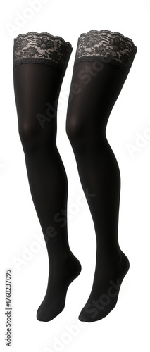 Lace-trimmed opaque black thigh-high stockings.