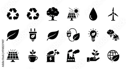 Black and white vector icons set of environmental protection and renewable energy