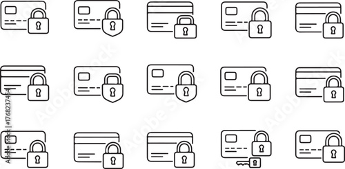Collection of Black Line Art Payment Card Security and Protection Icons