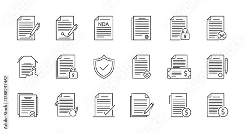 Line art icon set documents for business, contract, agreement and financial transactions