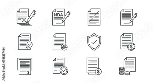 Set of line art business document icons for website or presentation design vector