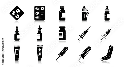 Monochrome health care icon set with pills, injections, and medical supplies