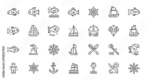 Collection of nautical vector line icons representing sea, ocean, and boat travel