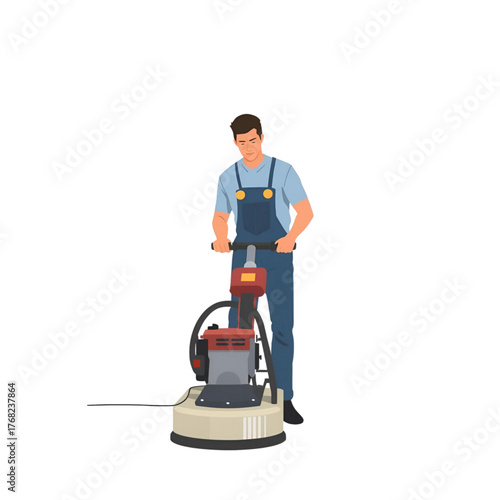 Man operating floor polishing machine flat illustration