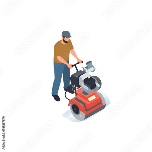 Isometric illustration of man operating industrial floor polishing machine