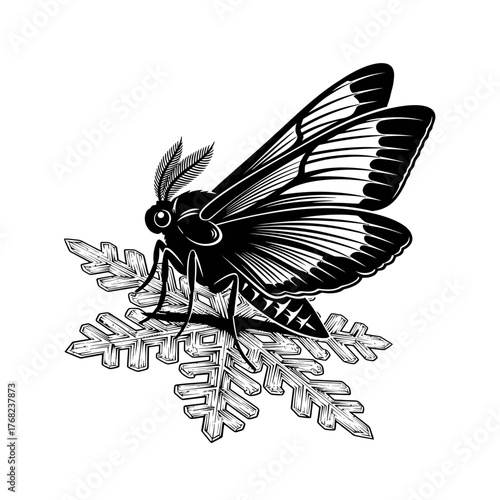 Quiet Frost Moth Perched Delicately on a Glistening Winter Snowflake Cluster