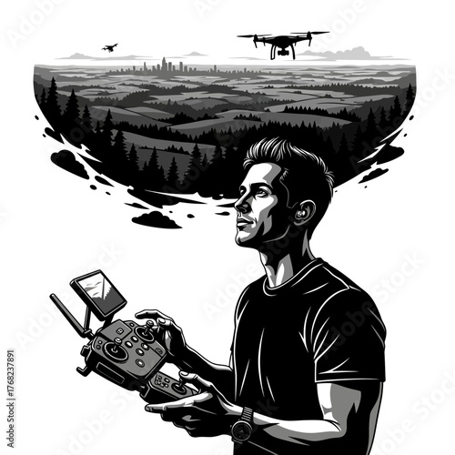 Male Drone Pilot Operating a UAV Quadcopter Overseeing a Landscape Vector