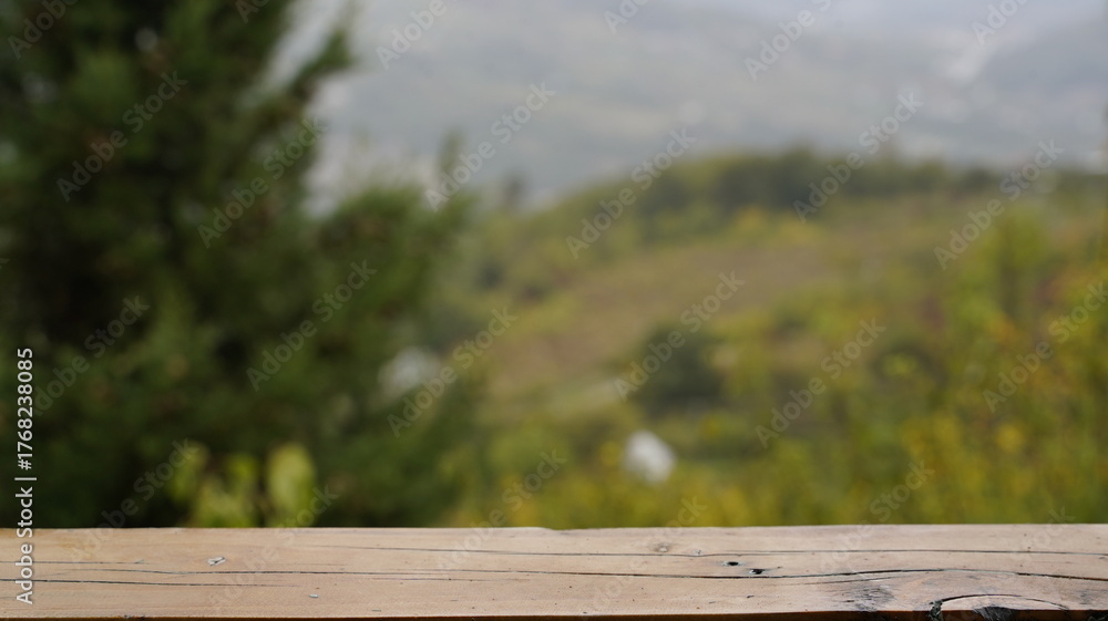 Naklejka premium Empty Wooden Surface with a Blurred Natural Background