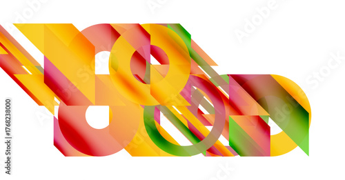 Abstract composition. Overlapping shapes create vibrant color gradients. Geometric forms blend, forming dynamic visual texture.