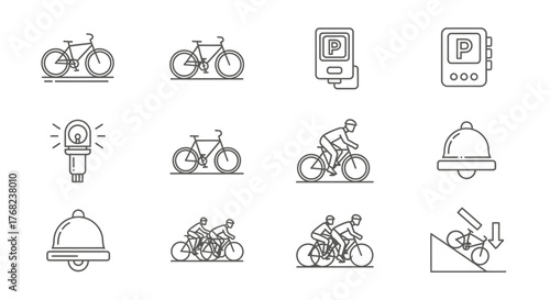 Collection of bicycle and cycling related line art icons showcasing various elements