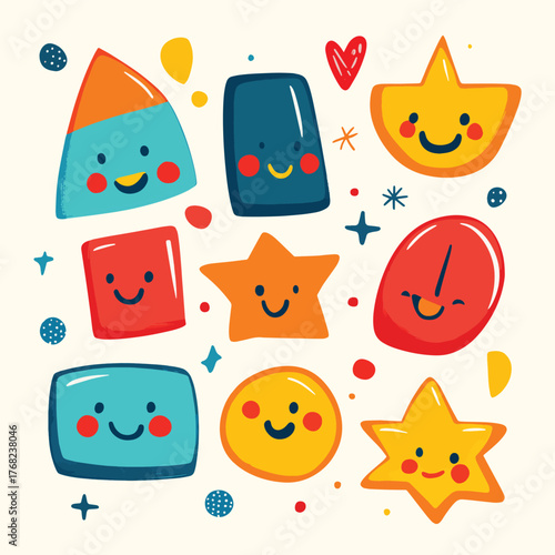 Cute Colorful Shapes with Happy Faces   , vector style simple color