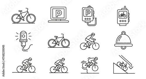 Collection of bicycle and cycling related icons and symbols in outline style