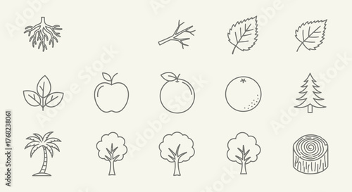 Botanical and Nature Icons: Outline Vector Set Featuring Diverse Plant Elements