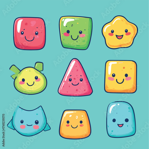Cute Colorful Shapes with Happy Faces   , vector style simple color