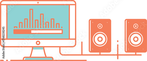 Modern computer monitor displaying an audio equalizer with two connected speakers on a white background